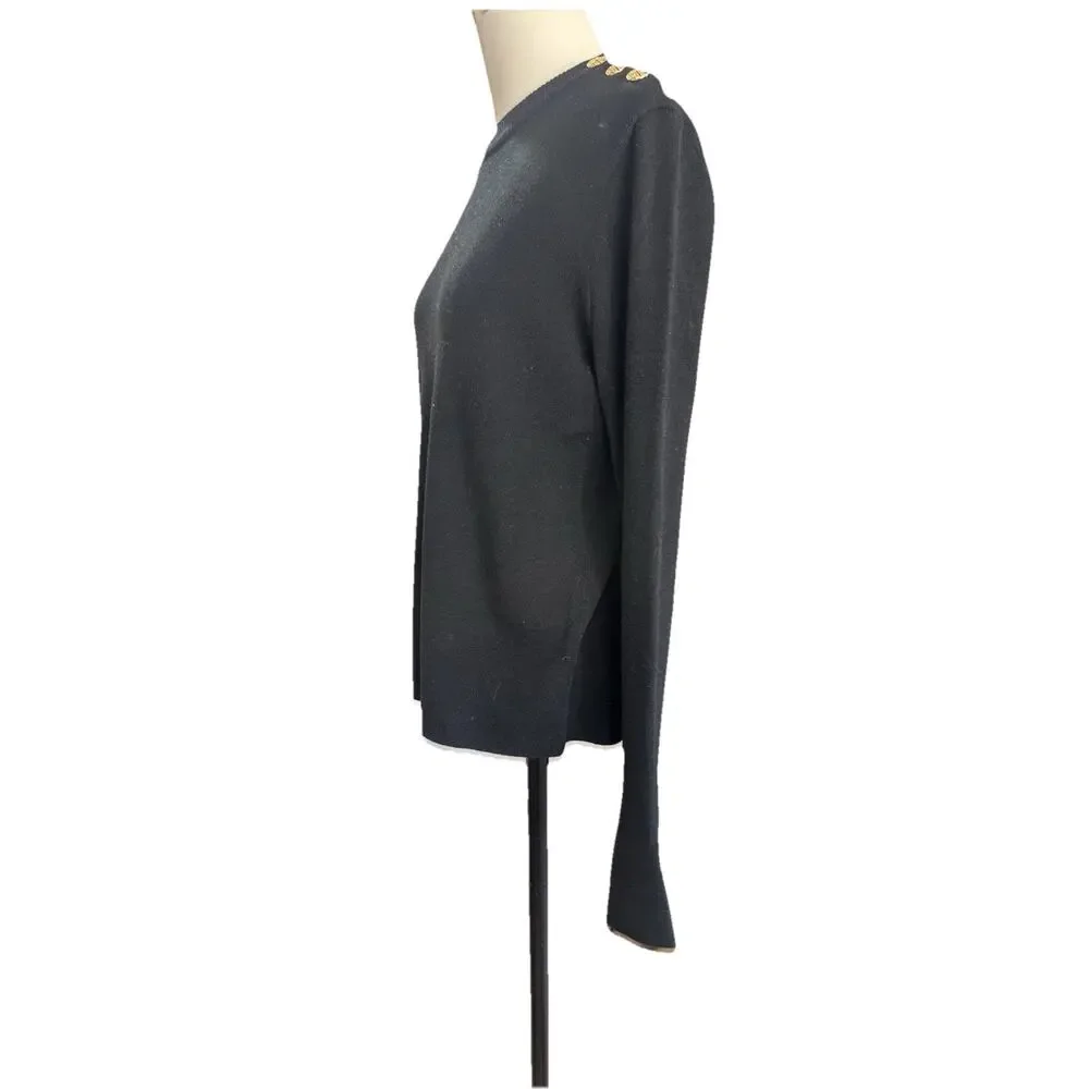 Tory Burch Black 100% Merino Wool Shoulder Placket Sweater Size M